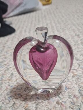 Vintage Glass Perfume Hand-Blown Clear Glass Heart with Pink Inner Heart Accent